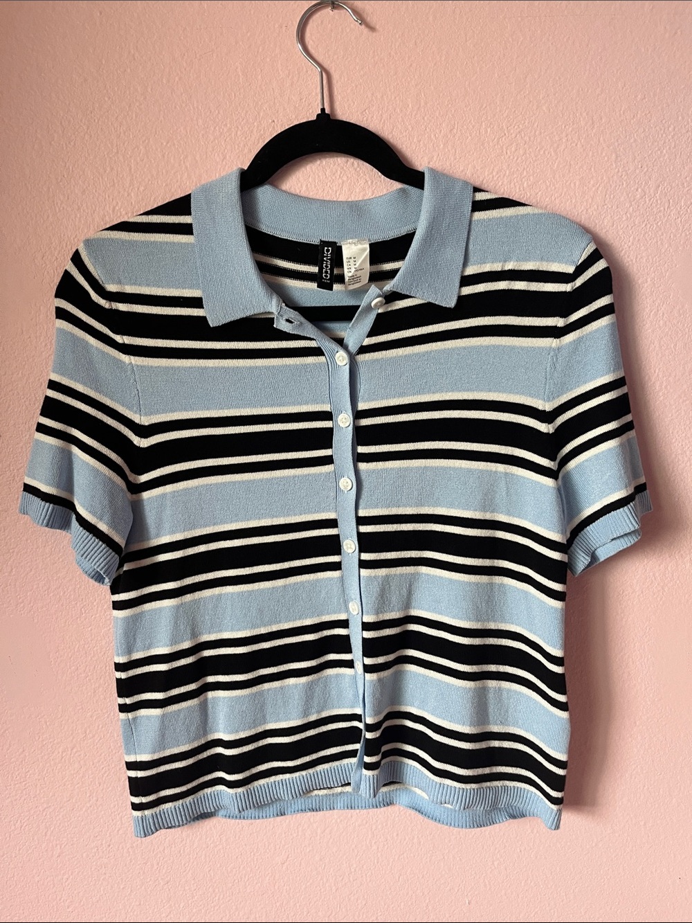 Striped Polo Button-Front sweater Top in Light Blue and Black